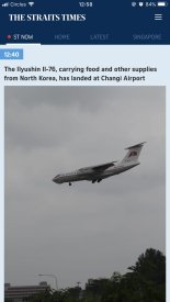 [속보] 북한 수송기 싱가포르 도착... IL-76 수송기  