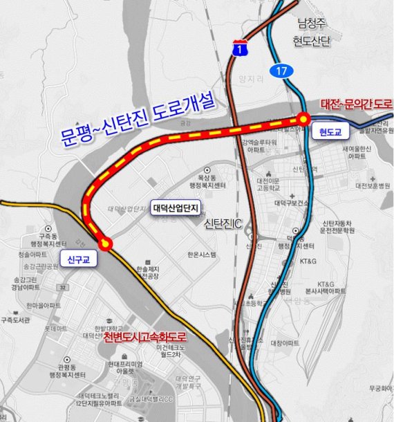 새로 개설되는 대전 문평~신탄진 도로 위치도
