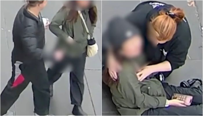 백인 여성이 아시아계 여성에게 흉기를 휘두른 뒤(왼쪽), 쓰러진 피해자가 시민의 도움을 받고 있다.&#x2F;사진&#x3D;7News