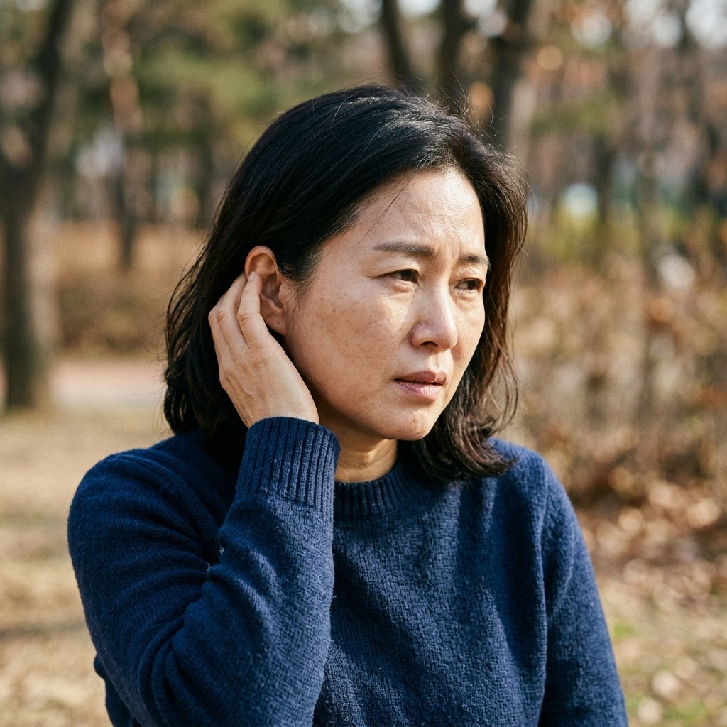 귀 주변을 만지며 통증을 느끼는 중년 여성의 얼굴 클로즈업
