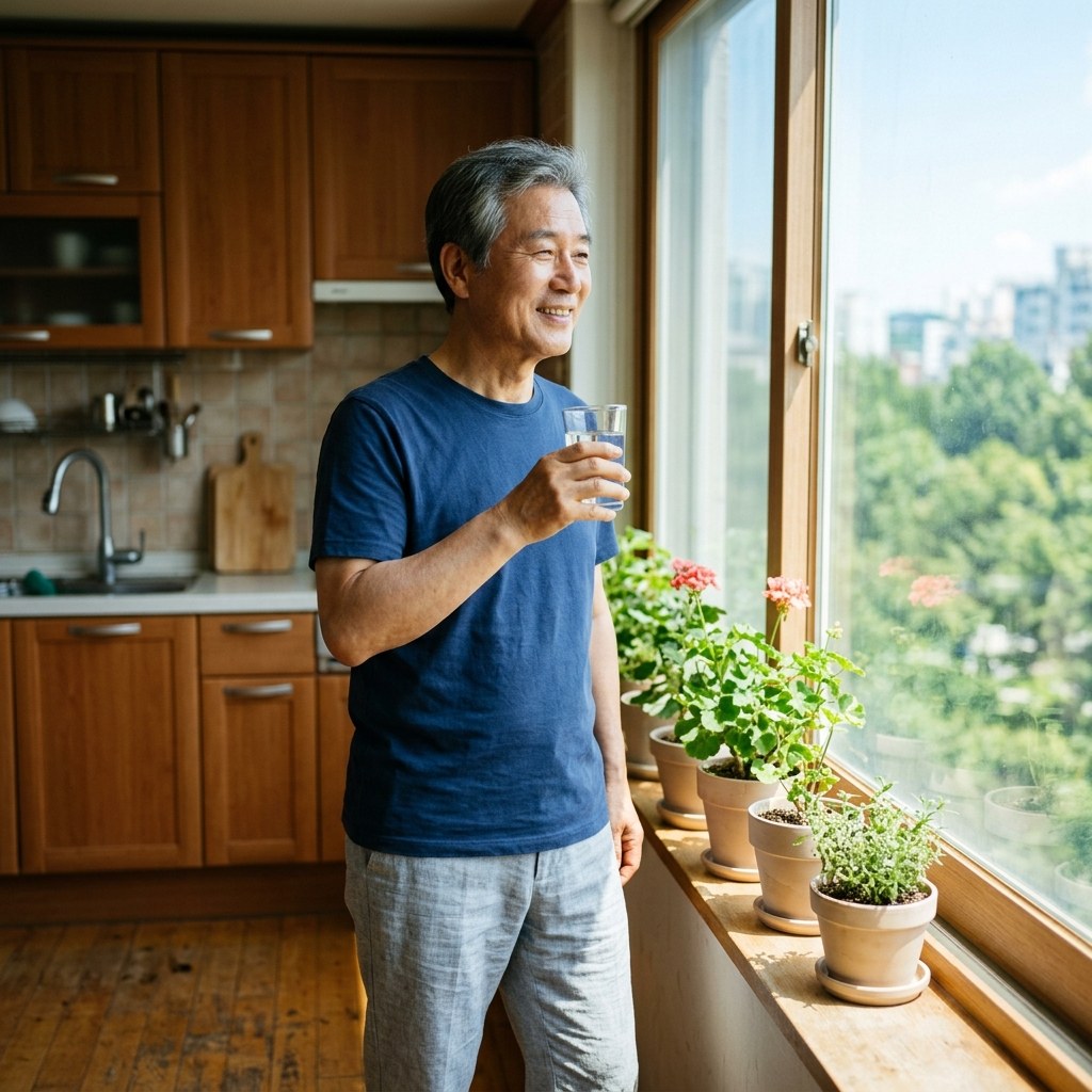 밝은 여름 햇살이 들어오는 주방에서 가벼운 반팔 티셔츠를 입은 70대 한국인 어르신이 물 한 잔을 들고 창가에 서 있는 모습
