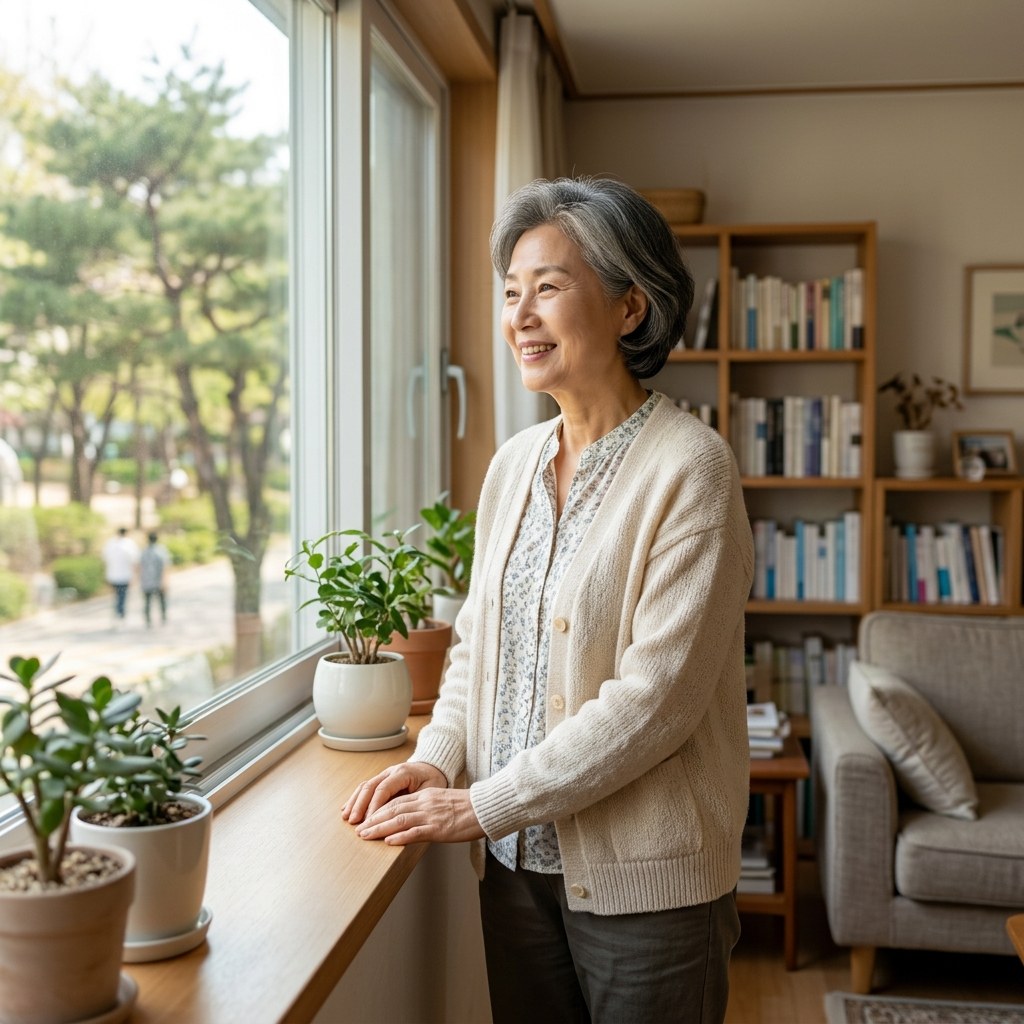 실내 거실에서 밝은 색 가디건을 입고 창가 쪽을 바라보는 60대 한국인 여성