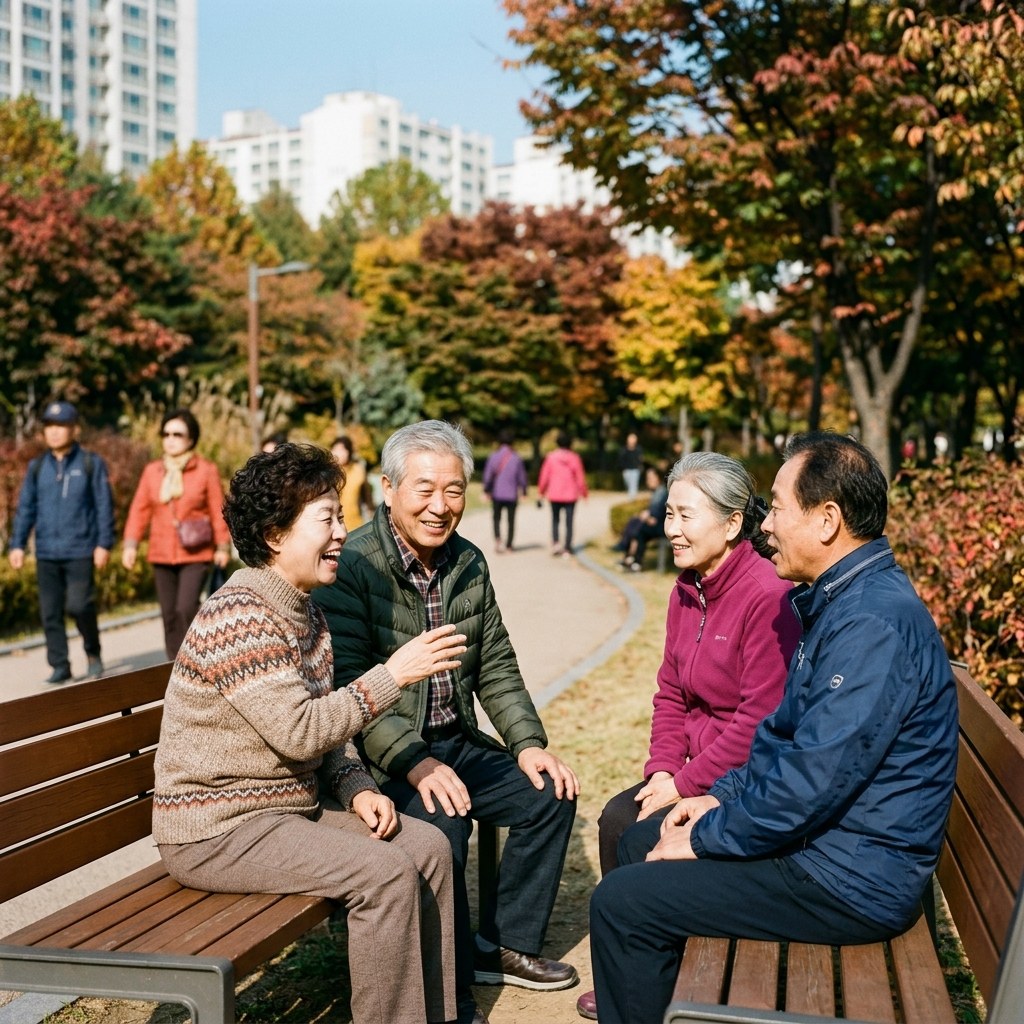 노년층이 친구들과 함께 공원에서 대화하는 장면