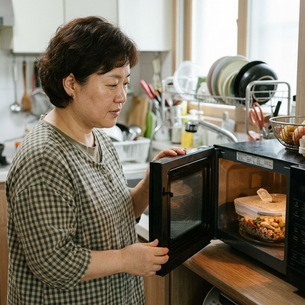 전자레인지 안에서 유리 용기에 담긴 음식이 데워지는 장면
