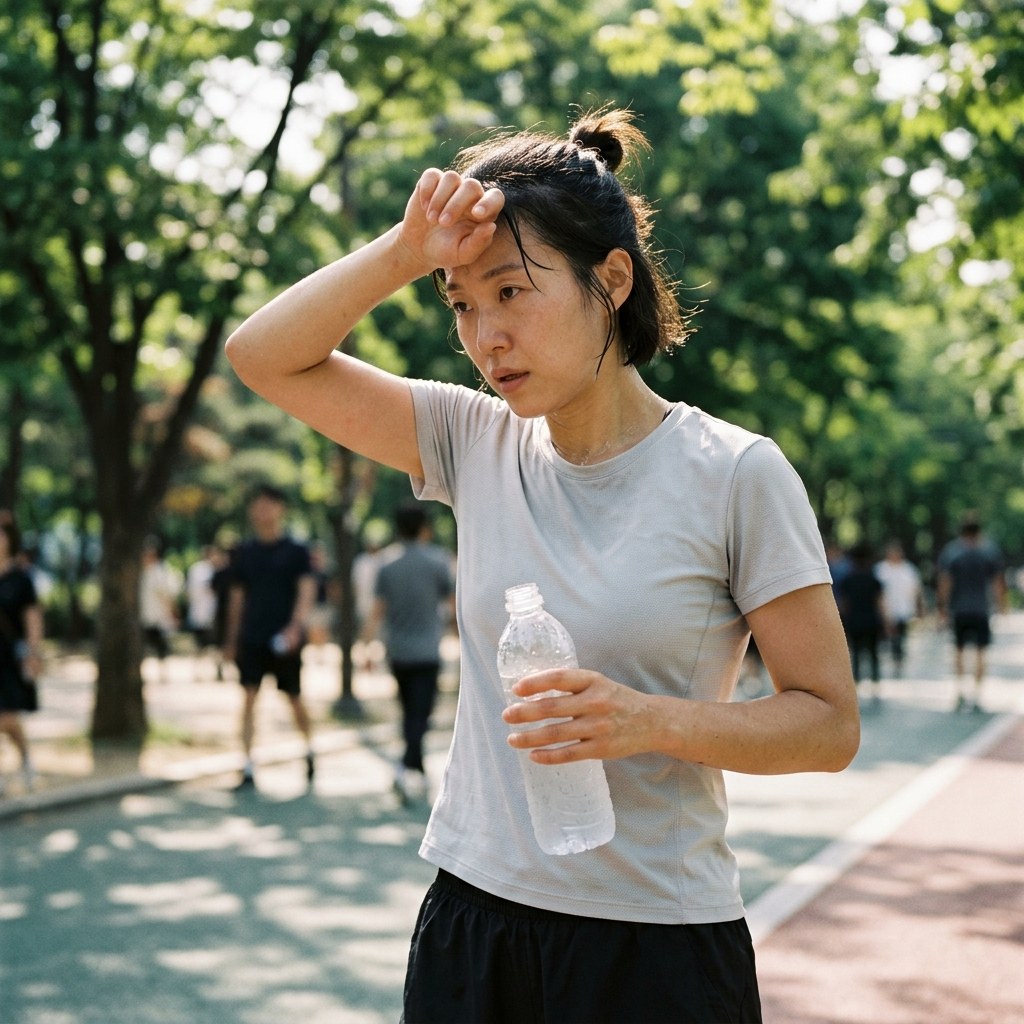 여름 야외에서 물병을 들고 이마의 땀을 닦는 여성의 모습