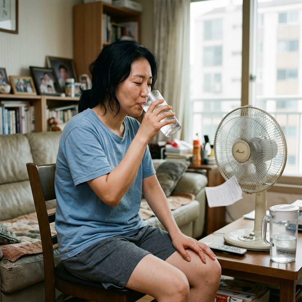 실내에서 선풍기 바람을 쐬며 물을 마시고 있는 여성