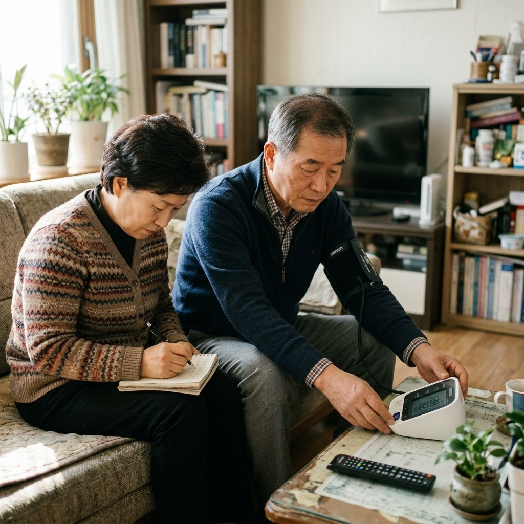 거실 소파에 앉아 혈압 측정 결과를 확인하는 70대 초반 한국인 남성과 옆에서 메모하는 가족의 모습