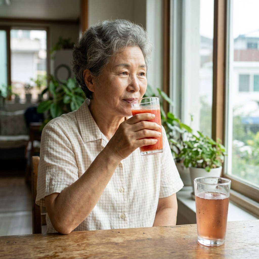 투명한 유리컵에 담긴 붉은색 토마토주스와 연한 갈색 오미자 물, 밝은 색 반팔 셔츠를 입은 70대가 창가 테이블에서 주스를 마시는 장면