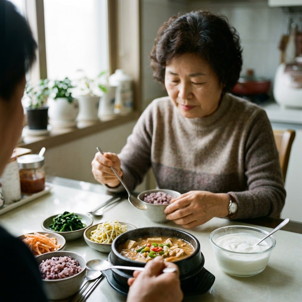 식탁 위 청국장찌개와 나물 반찬, 투명 용기에 담긴 플레인 요거트가 함께 놓인 장면