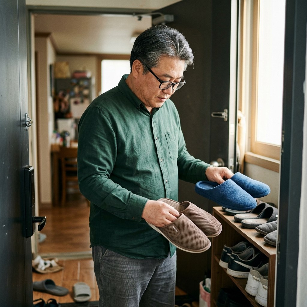 현관에서 여러 종류의 슬리퍼를 손에 들고 비교하는 50대 중반 한국인의 모습, 자연광