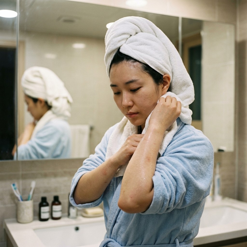 샤워 후 수건으로 머리를 말리며 거울 앞에 선 여성이 팔 안쪽 피부를 살피는 장면, 실내 조명이 밝고 배경에 깨끗한 세면대가 보이는 욕실
