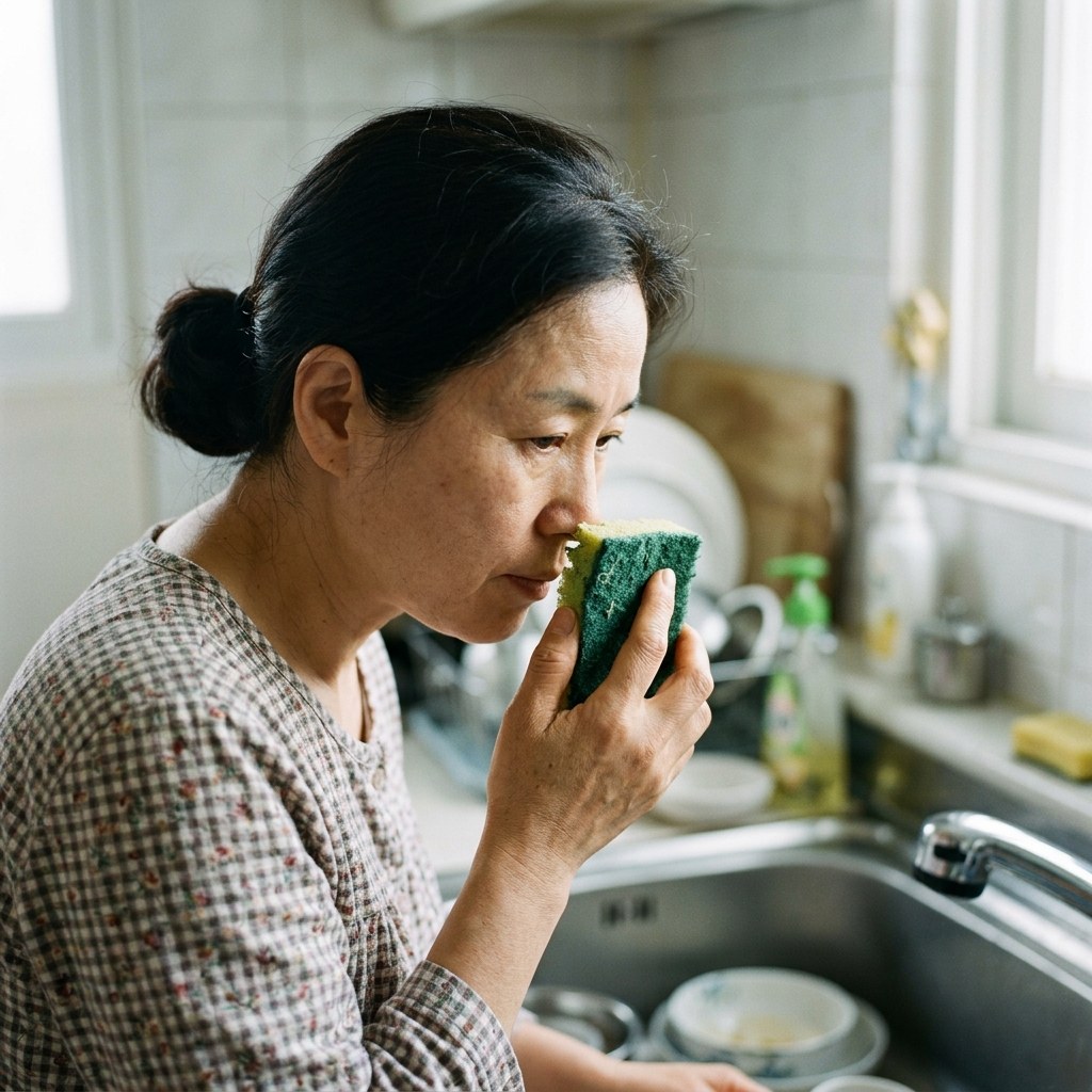싱크대 앞에서 수세미 상태를 확인하는 중년 여성의 손, 수세미를 들고 냄새를 맡거나 표면을 살피는 모습
