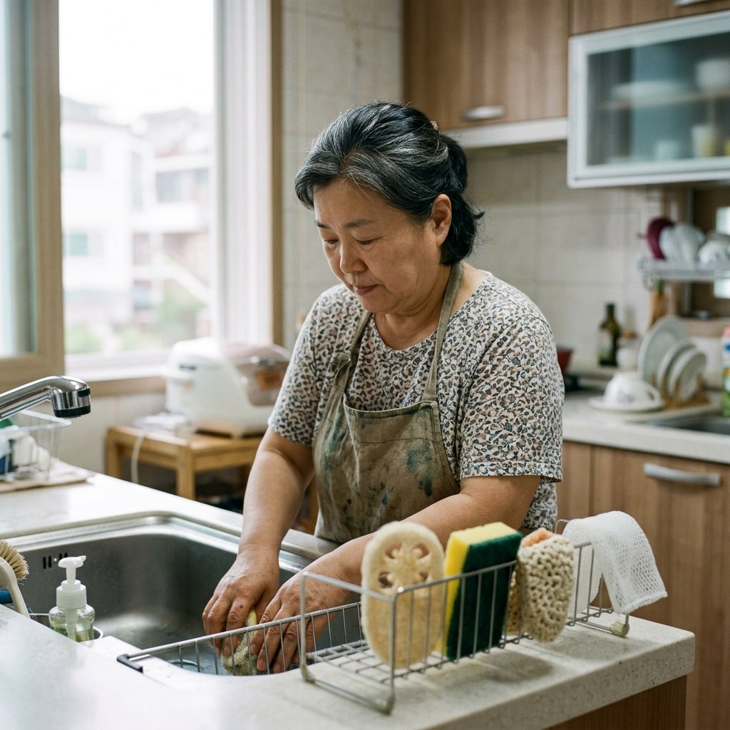 깨끗한 주방 싱크대 옆 건조대에 세워진 여러 종류의 수세미, 통풍이 잘 되는 밝은 주방 환경