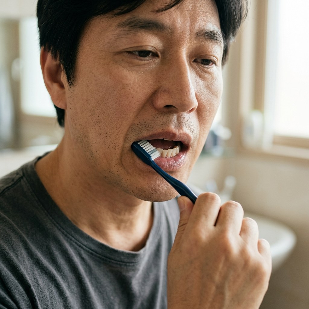 칫솔모가 잇몸선에 45도 각도로 닿아 있는 클로즈업 장면, 부드러운 실내 조명