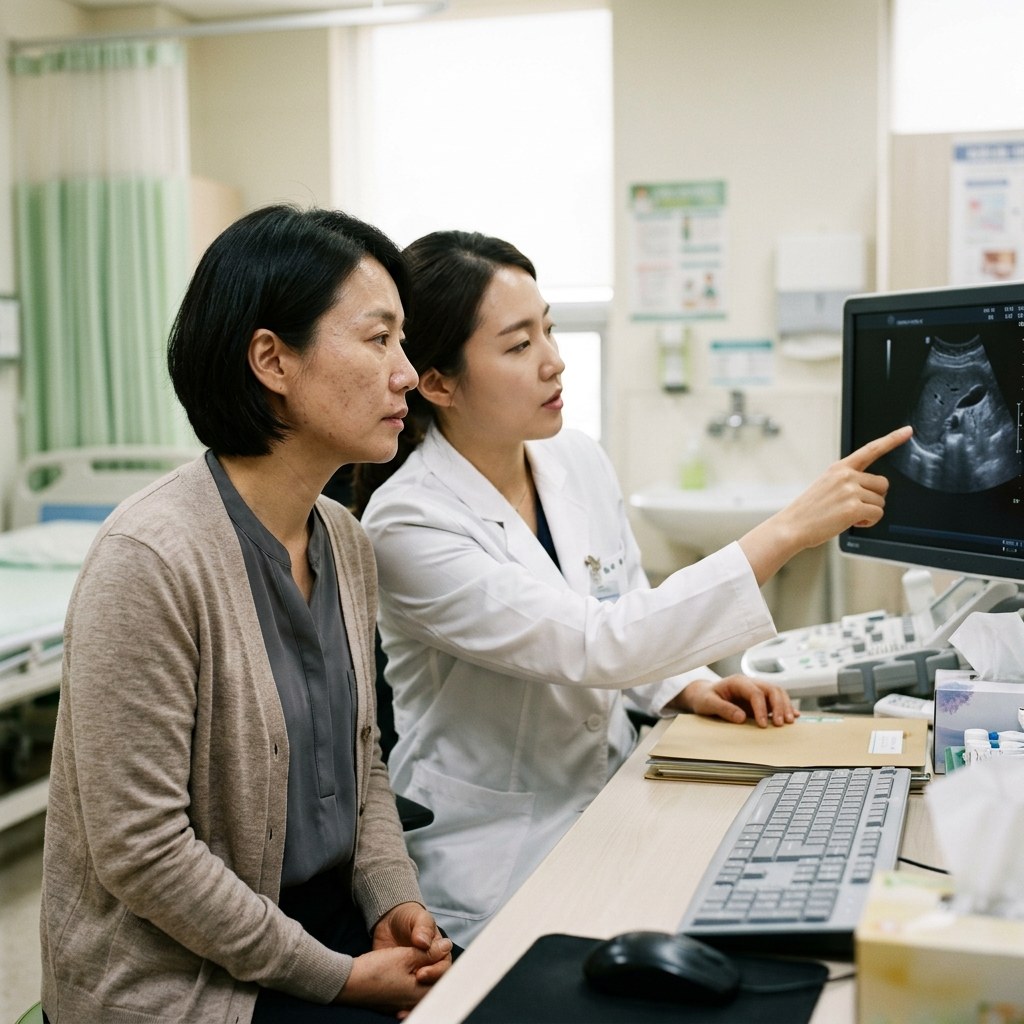 병원 진료실에서 초음파 모니터를 보며 의료진과 상담하는 40대 여성 환자, 가을철 얇은 가디건을 입고 앉아 있으며 모니터 화면과 의료진의 손이 보이는 장면