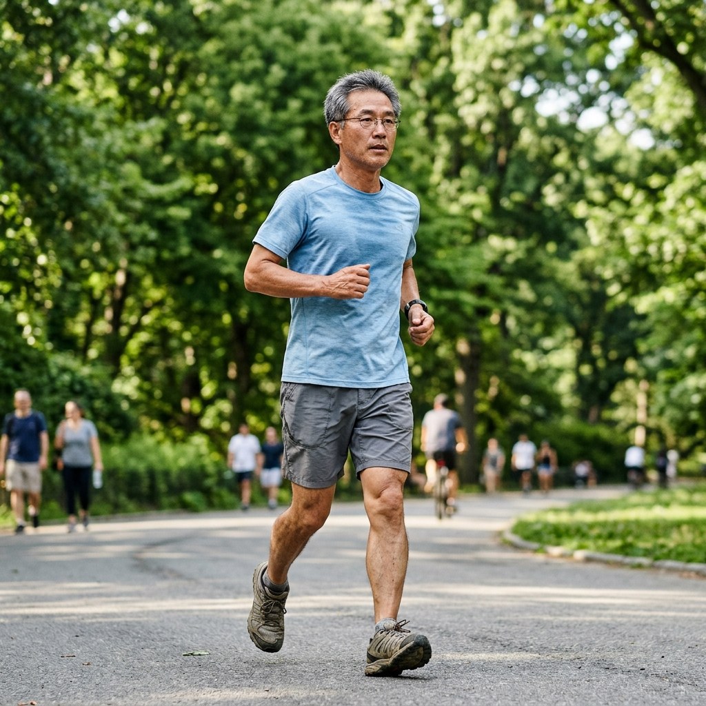 중년 남성이 공원 산책로를 가벼운 반팔 차림으로 빠르게 걷고 있는 모습, 배경에 초록 나무
