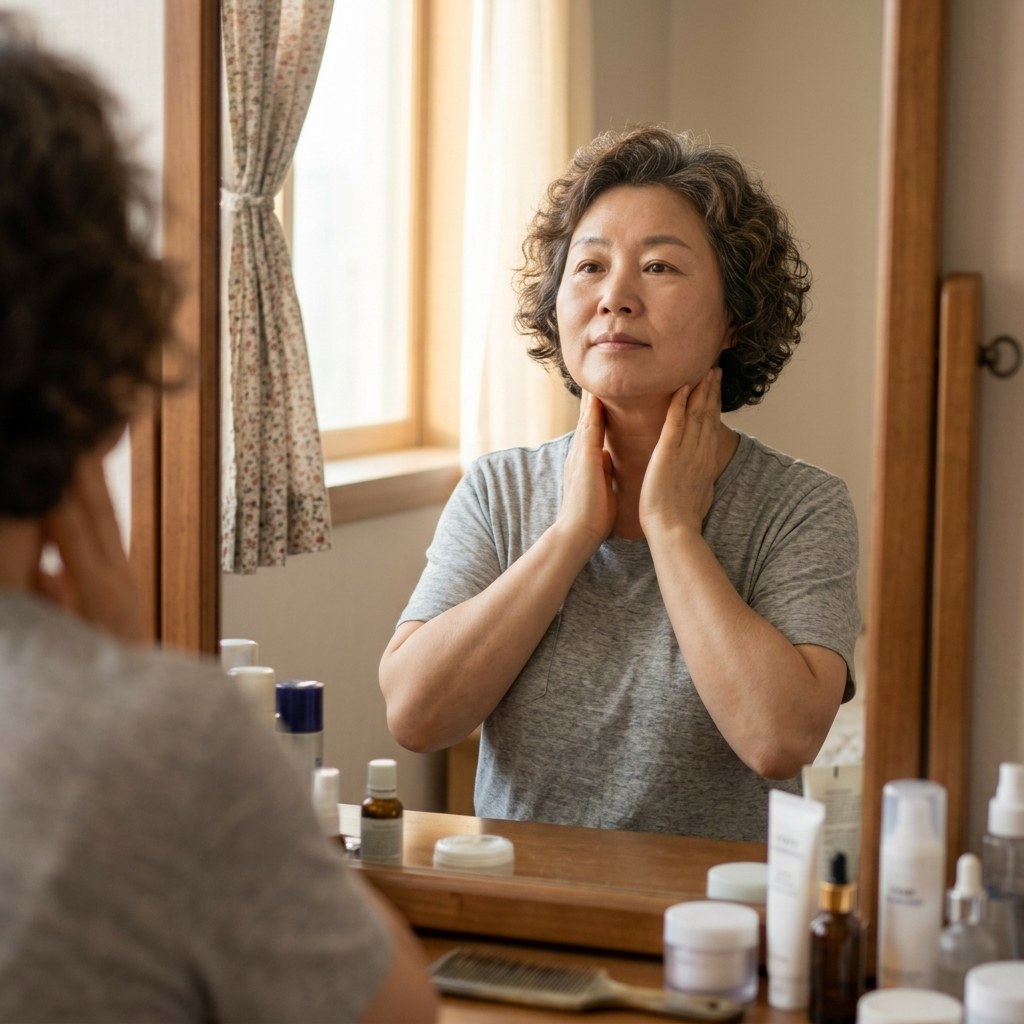거울 앞에서 양손으로 턱선에서 목 옆을 따라 쓸어내리는 마사지를 하는 50대 초반 여성, 반팔 티셔츠 차림, 아침 햇살이 비치는 화장대