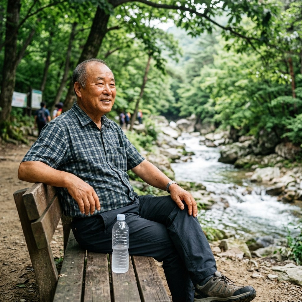 계곡가 그늘 벤치에 앉아 물병을 들고 있는 60대 후반 한국인 남성, 가벼운 반팔 셔츠 차림