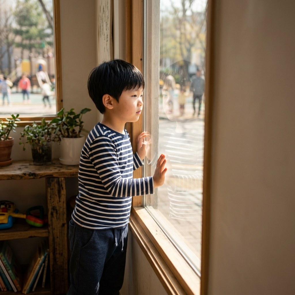 실내 창가에 서서 밖을 바라보는 아이, 햇빛이 유리창 너머로 들어오지만 실외 활동은 하지 않는 모습