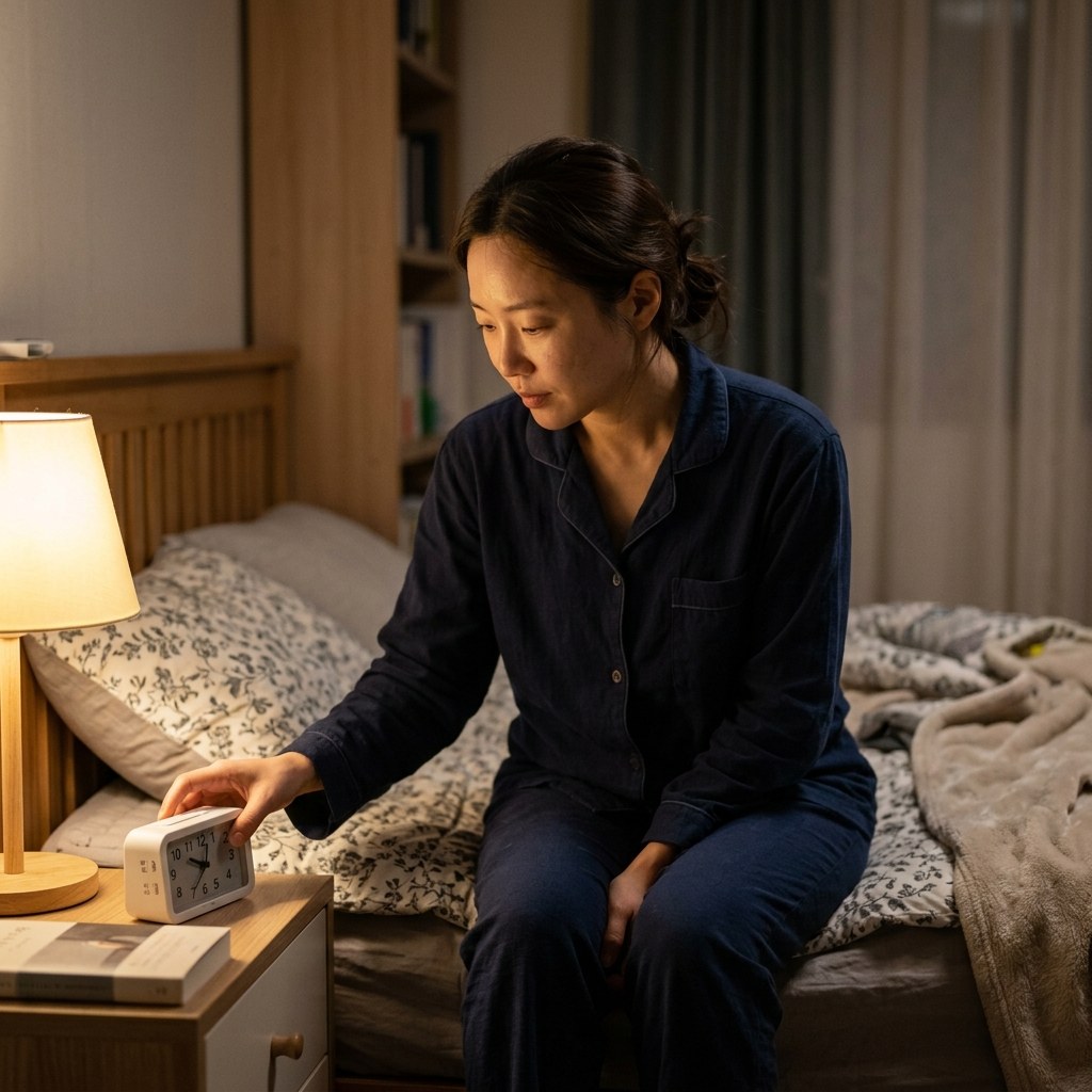 침대 옆 시계를 보며 취침 시간을 조정하는 30대 직장인의 모습, 밤 시간대 실내 조명