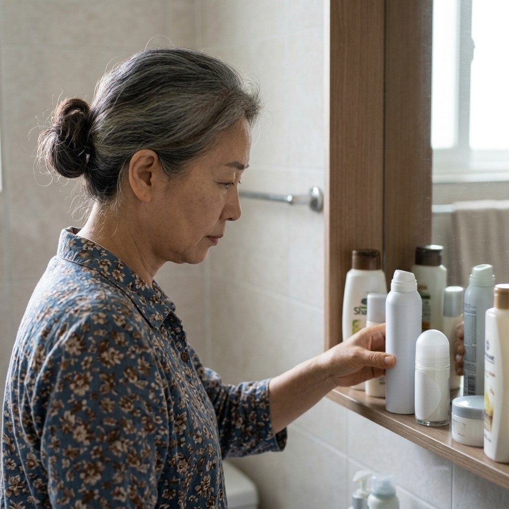 욕실 선반 위에 나란히 놓인 데오드란트 스프레이와 롤온 제품