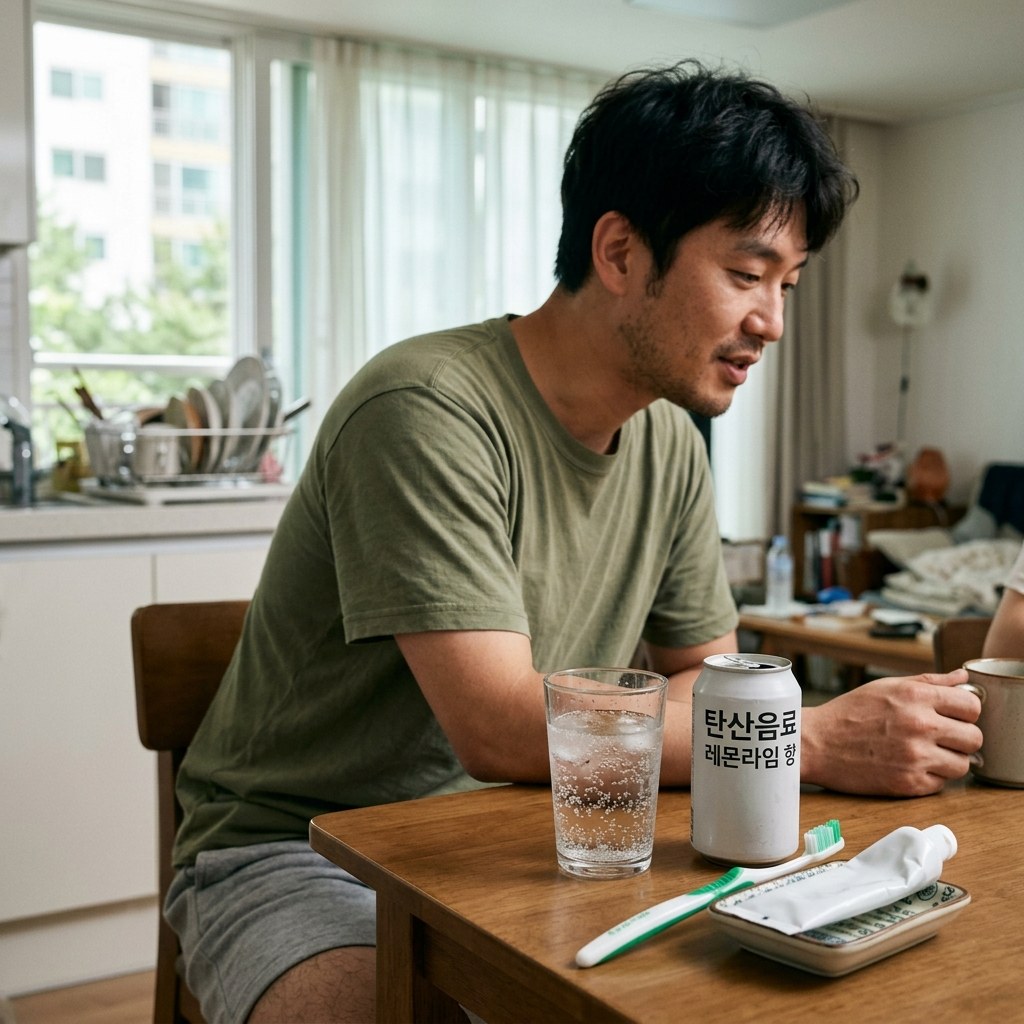 탁자 위에 놓인 탄산음료 캔과 투명한 유리컵, 옆에 칫솔과 치약이 함께 있는 여름 실내 장면
