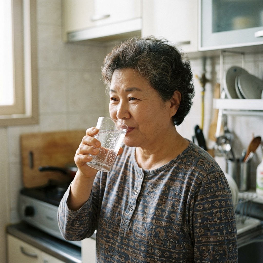 실내에서 투명한 유리컵에 담긴 탄산수를 마시려는 중장년 여성의 손과 표정, 자연광, 주방 배경