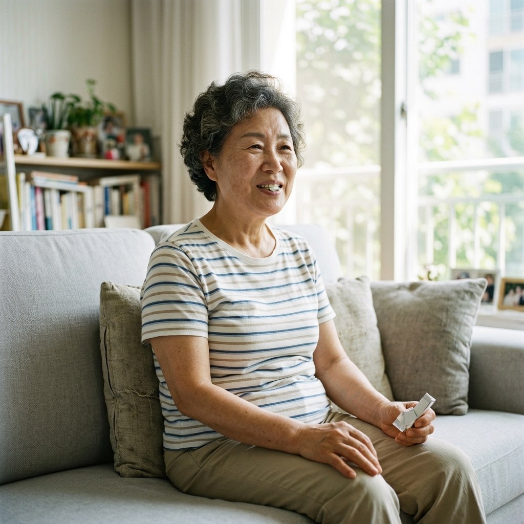 밝은 거실 소파에 앉아 무설탕 껌을 씹으며 미소 짓는 70대 한국인 시니어 여성, 얇은 반팔 티셔츠와 가벼운 면바지 착용, 창밖으로 여름 햇살이 들어오는 오후