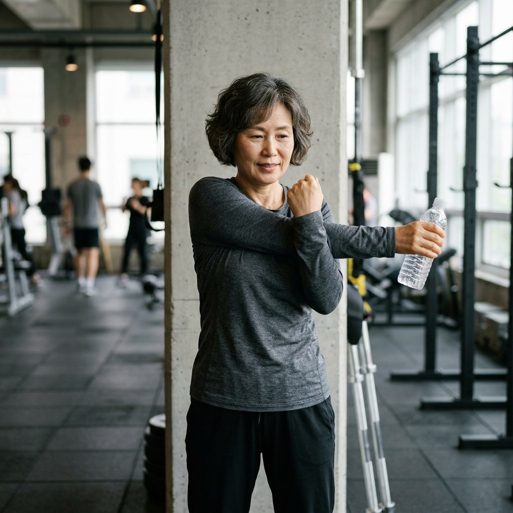 운동 후 스트레칭하며 물병을 든 중년 여성, 실내 체육관 배경, 밝은 실내 조명