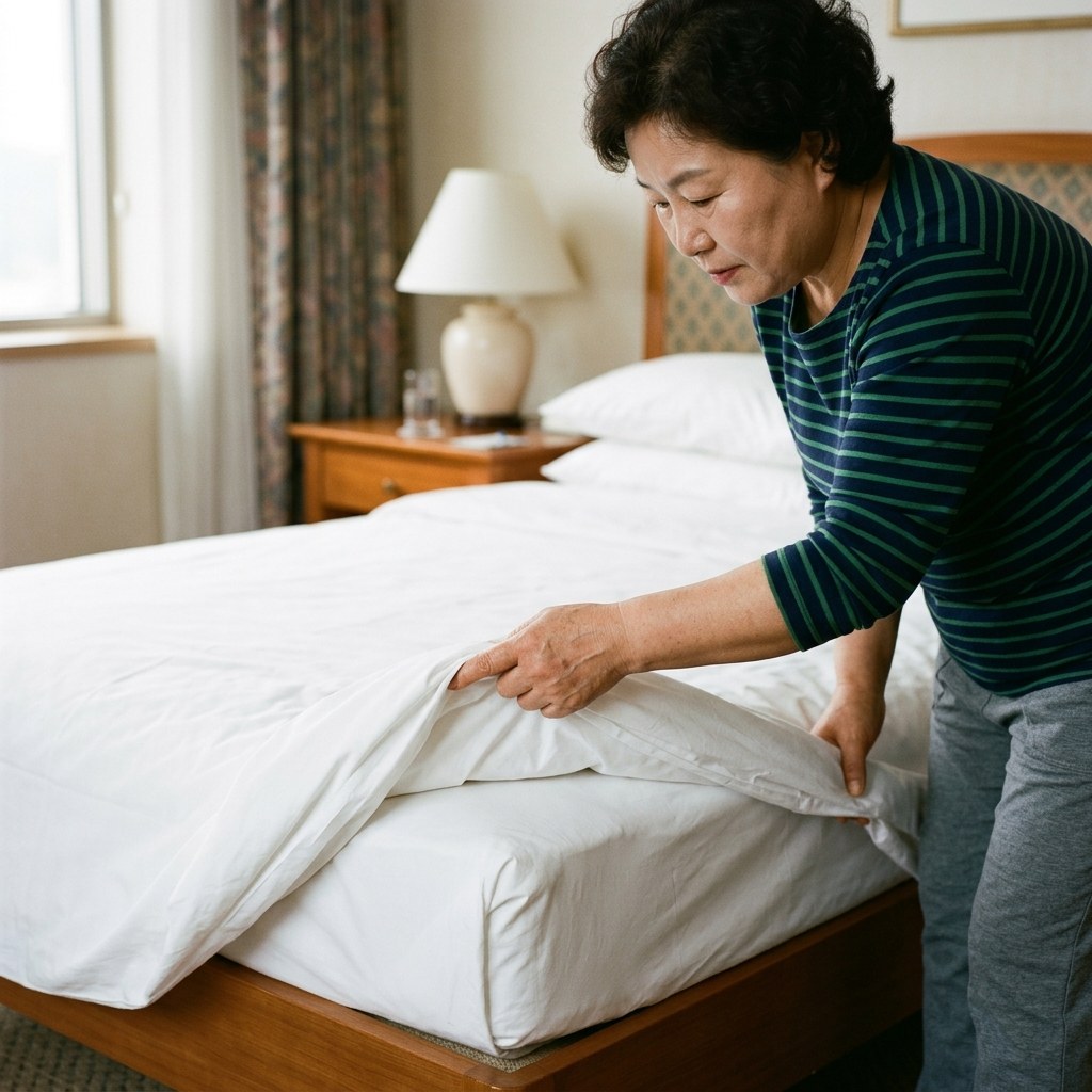 호텔 침대 시트를 들춰 확인하는 여행객의 손과 침구 모서리