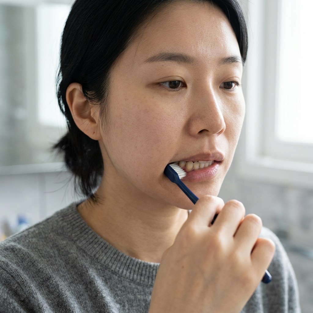 칫솔모가 잇몸선에 45도로 기울어진 채 치아 경계에 밀착된 단면 클로즈업, 칫솔모 끝이 치주포켓 안쪽으로 향하는 구조가 보이는 그림