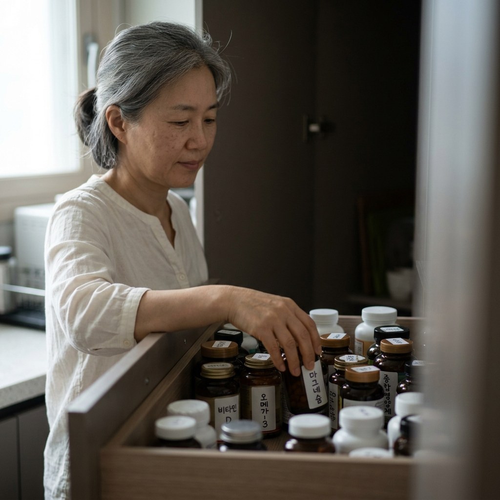 불투명한 서랍 안쪽에 정돈된 영양제 용기들이 차광 환경 속에 보관되어 있는 모습, 실내 조명 아래 차분한 분위기