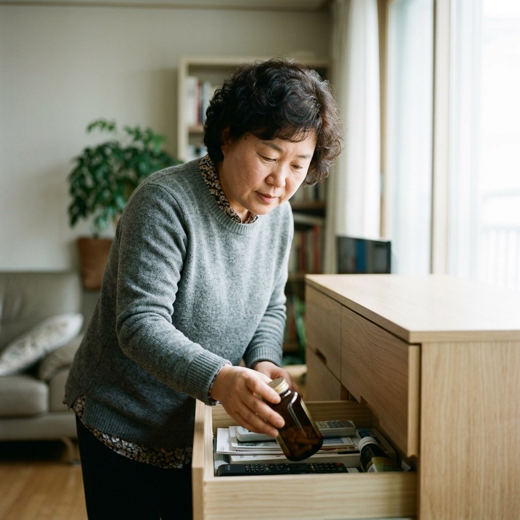 한국인 중년 여성이 주방 싱크대 근처가 아닌 거실 서랍장 안쪽에서 영양제 용기를 꺼내는 모습, 밝은 실내 조명