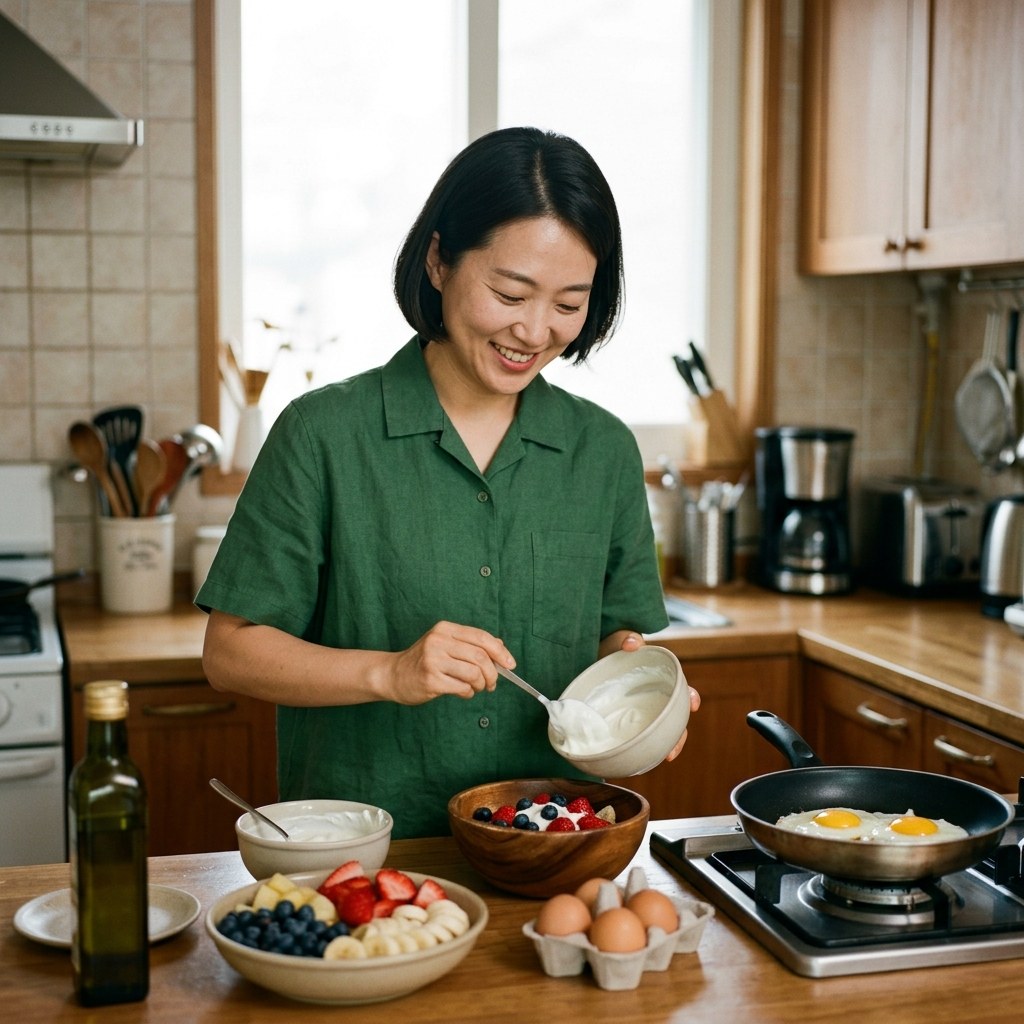 달걀과 그릭요거트, 과일이 담긴 아침 식단을 준비하는 한국인의 모습
