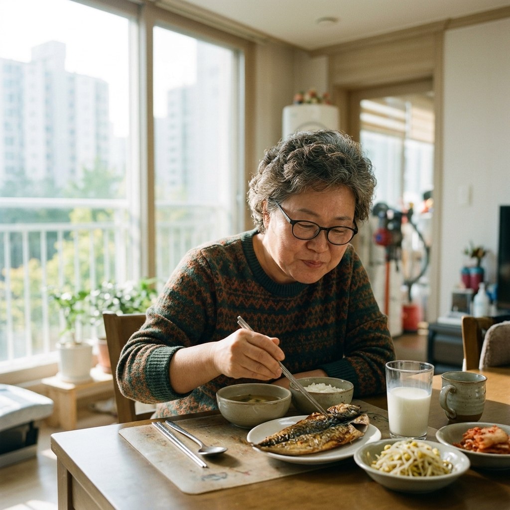 50대 여성이 식탁에서 고등어 구이와 우유가 담긴 식사를 하고 있고, 창밖으로 햇빛이 들어오는 장면