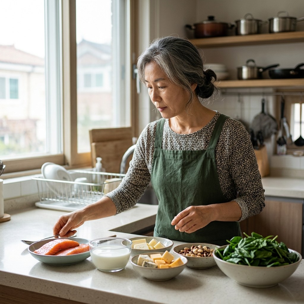 주방 조리대 위에 연어, 우유, 치즈, 견과류, 시금치가 담긴 그릇이 나란히 놓여 있고, 자연광이 들어오는 밝은 실내