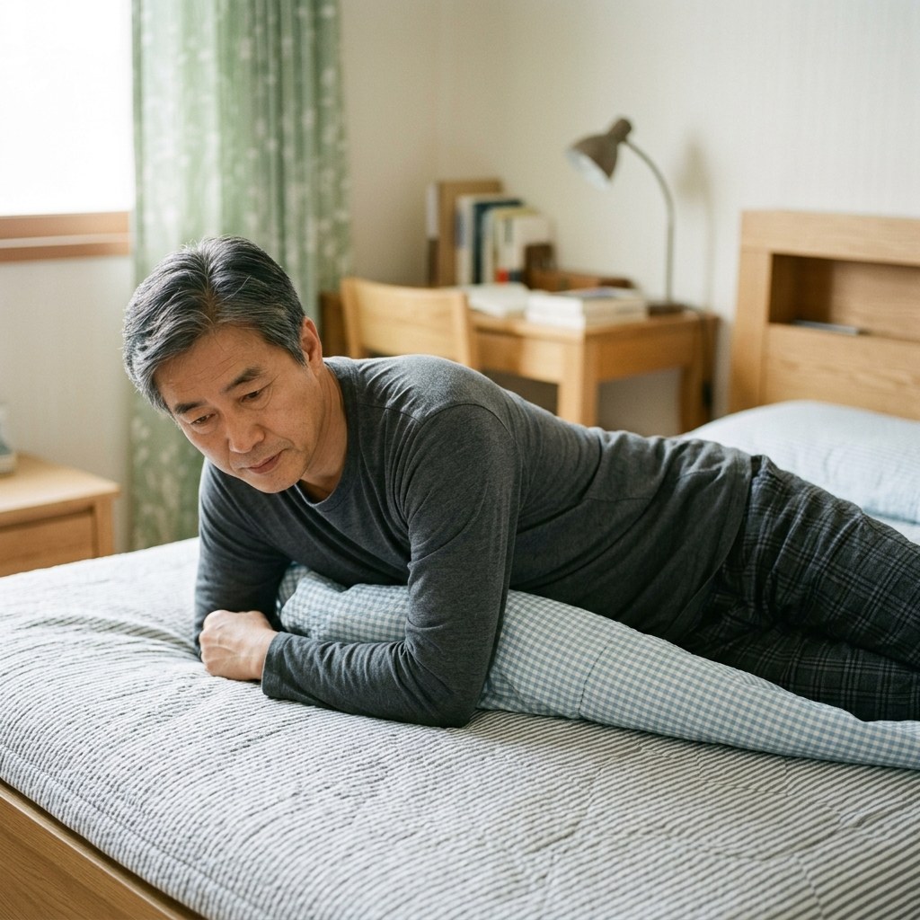 침대 위에 얇은 인견 이불을 깔고 눕는 중년 남성, 등과 허리가 부드럽게 지지되는 모습