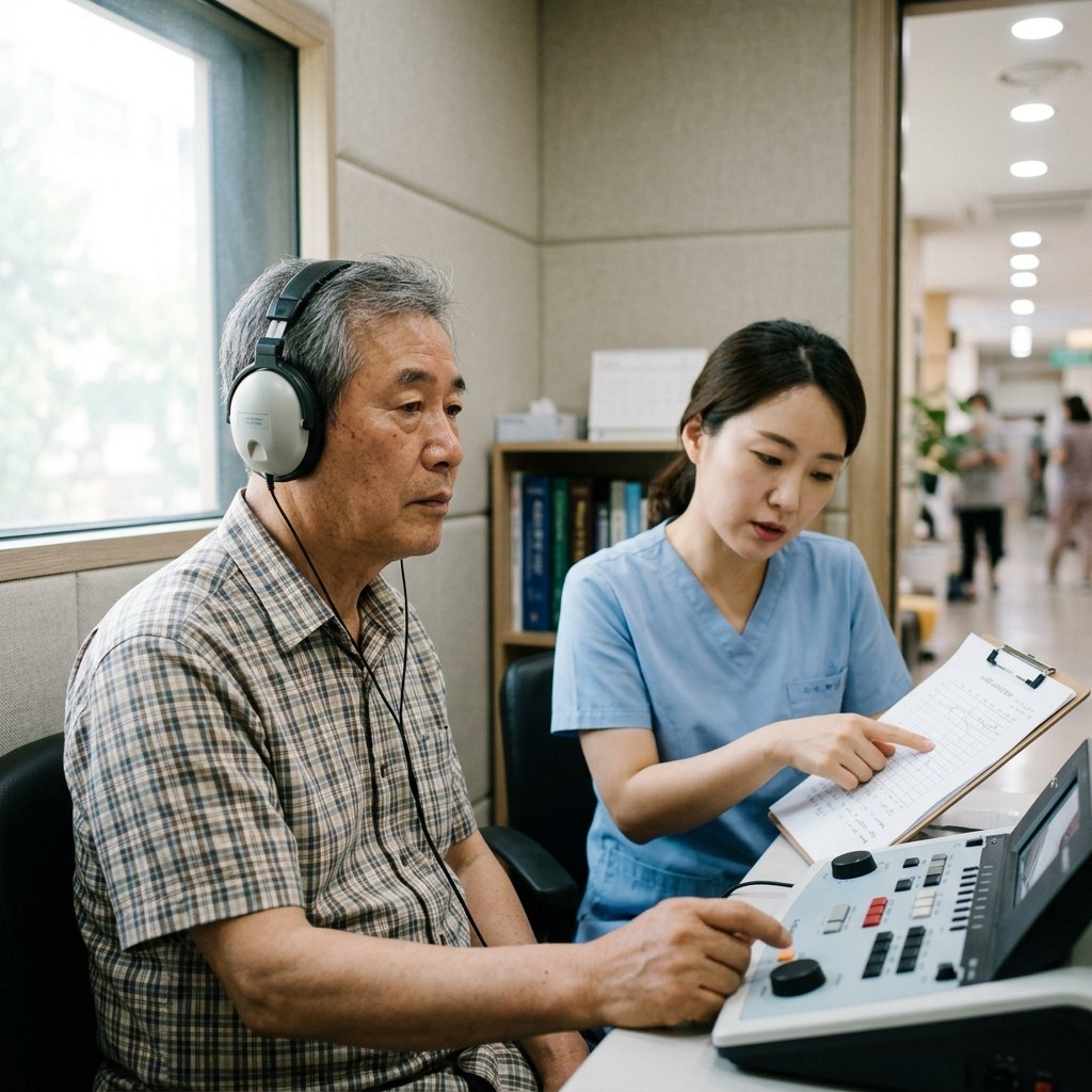 이비인후과 진료실에서 헤드폰을 착용하고 순음청력검사를 받는 60대 후반 한국인 환자와 검사 결과지를 확인하는 의료진 모습, 밝은 자연광