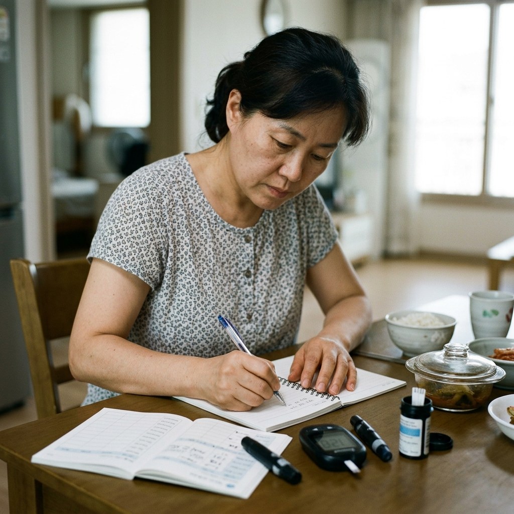 혈당측정기와 기록 노트가 놓인 식탁 위, 한국인 중년 여성이 수첩에 혈당 수치를 적는 장면