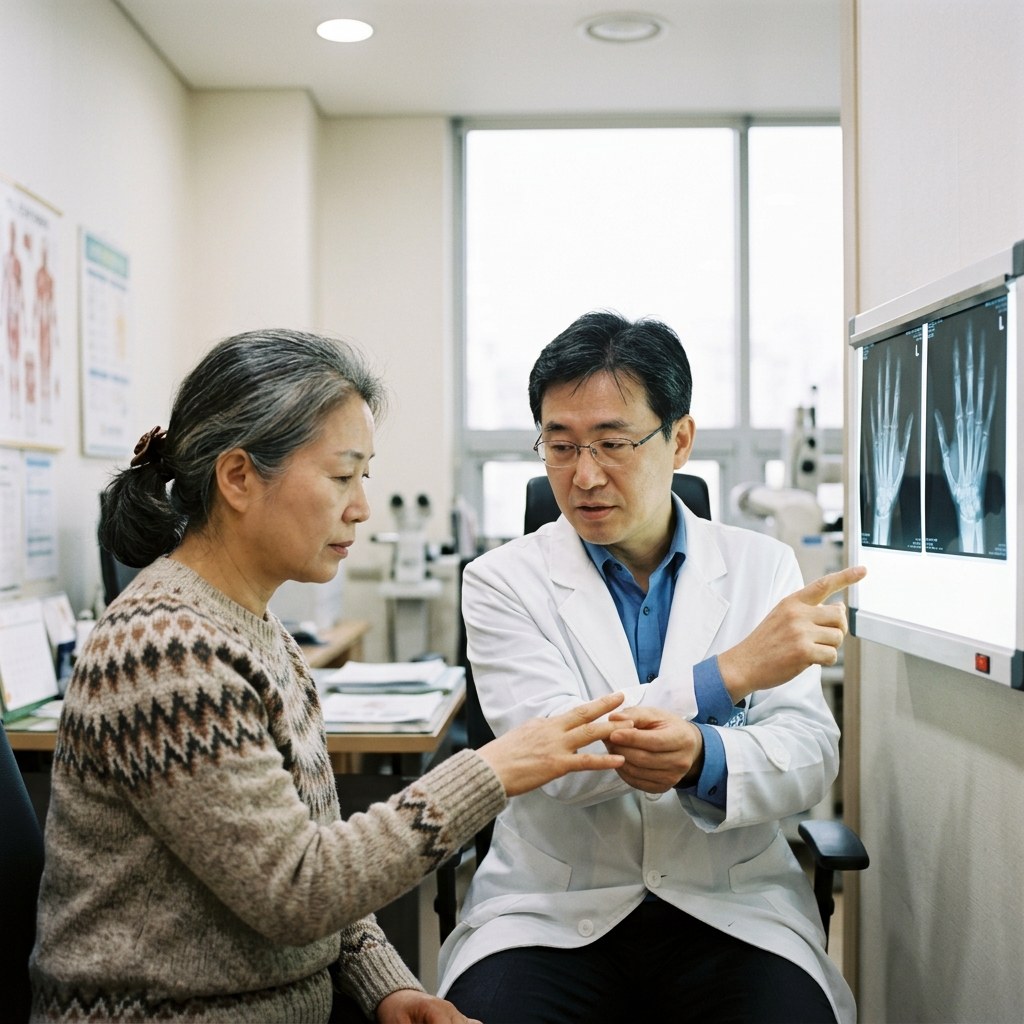 병원 진료실에서 의사가 환자의 손가락 관절을 살피며 X-ray 필름을 함께 보고 있는 장면, 밝은 실내 조명