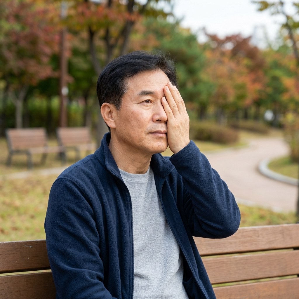 한쪽 눈을 가리고 시야 변화를 확인하는 한국인 중년의 모습