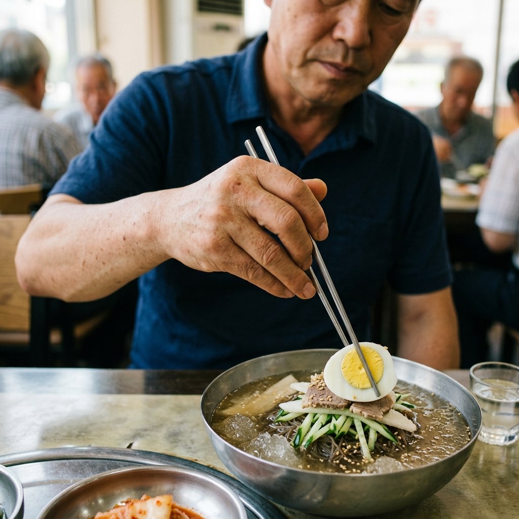 냉면 그릇 위에 올라간 삶은 달걀을 젓가락으로 집어 먼저 먹는 중장년 남성의 손과 식탁 모습