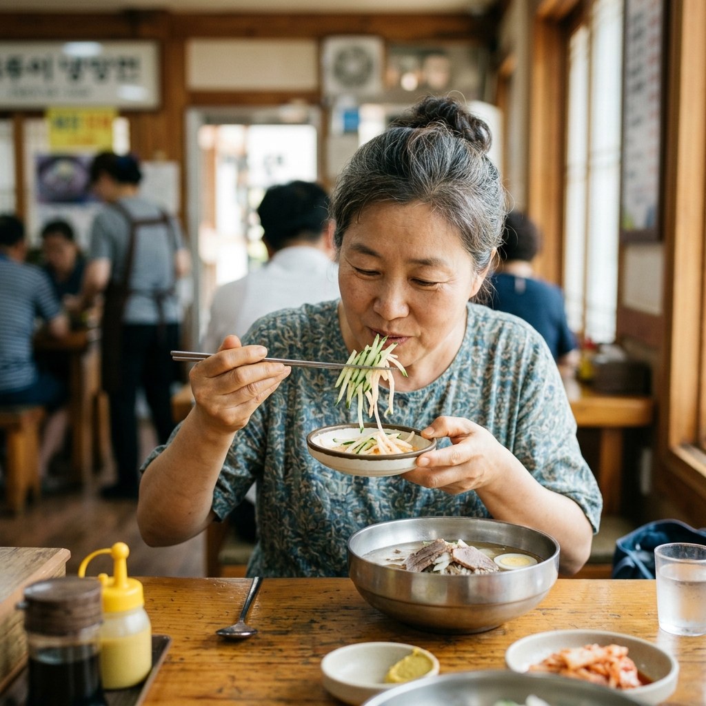 냉면 그릇과 함께 놓인 오이채와 무채를 먼저 먹고 있는 중장년 여성의 식사 장면