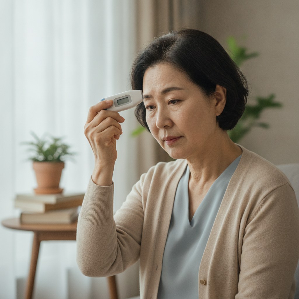 70대 초반 여성이 집에서 체온계로 체온을 측정하며 접종 전 건강 상태를 확인하는 장면, 실내 자연광