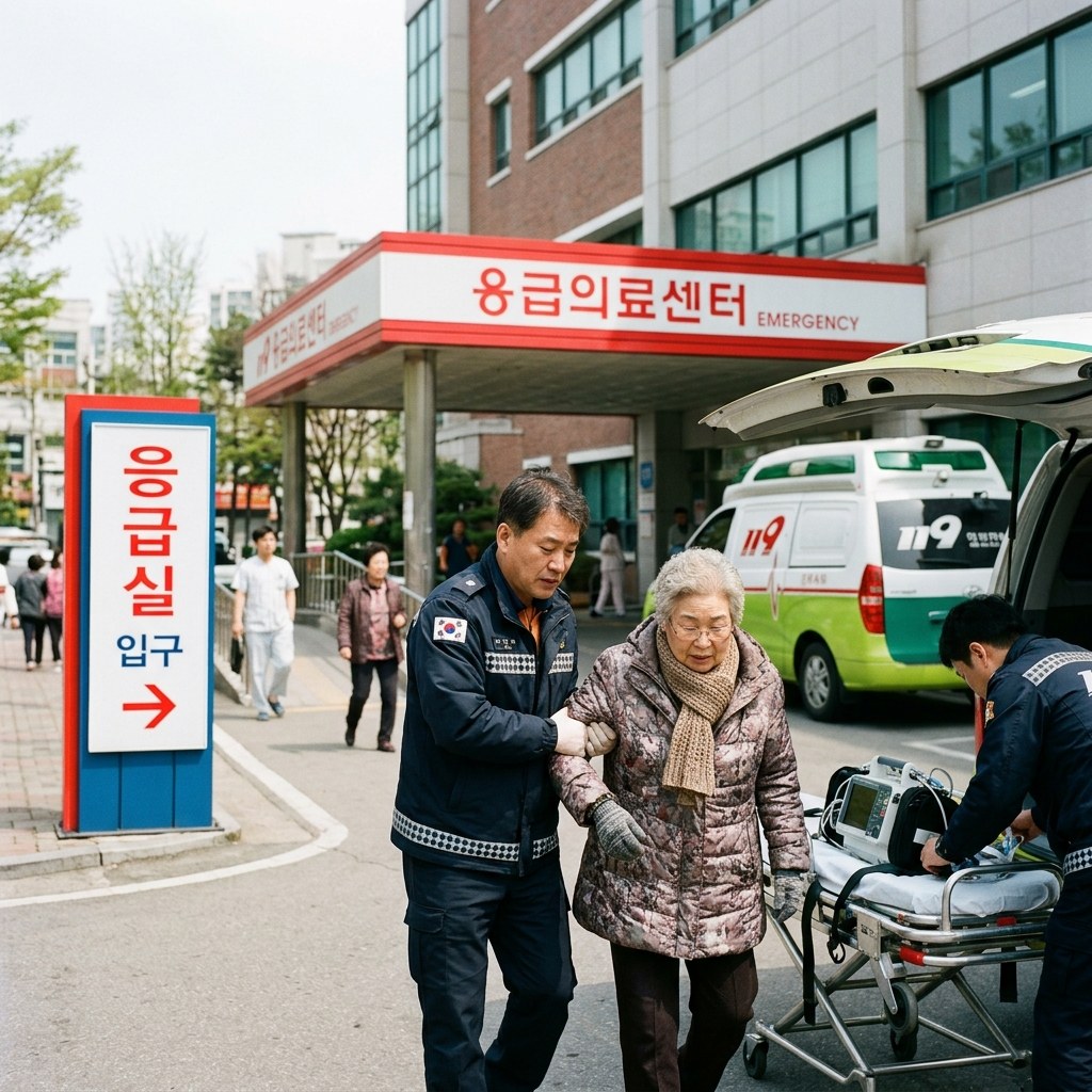 응급실 입구 표지판과 구급차, 밝은 낮 야외 병원 건물 전경