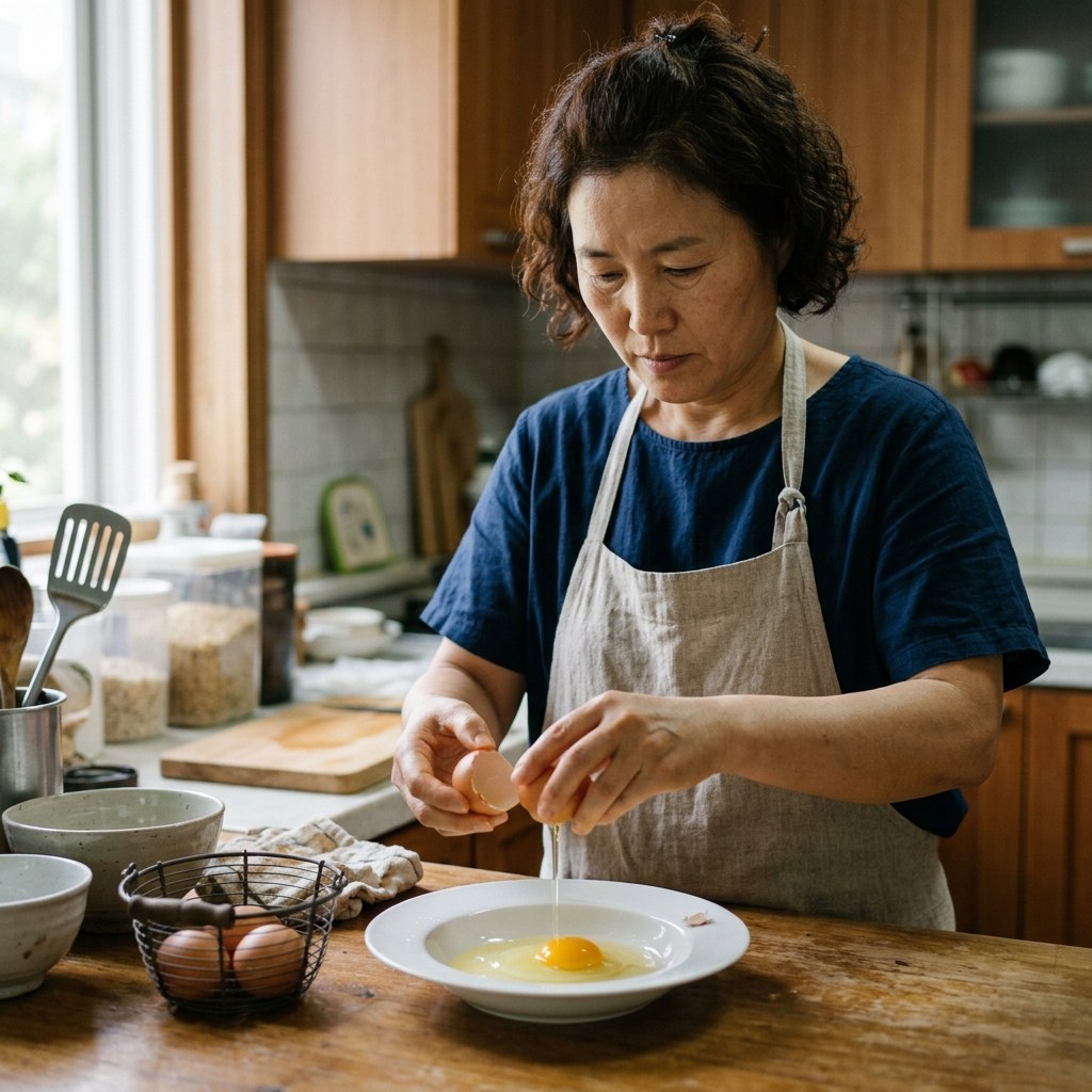 주방 조리대 위에서 달걀을 손으로 깨뜨려 흰 접시에 담아 상태를 확인하는 장면