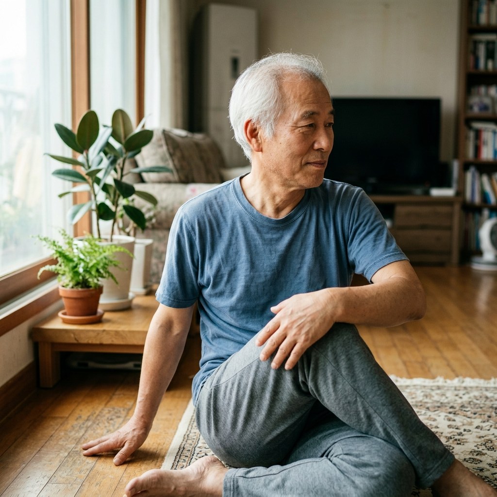 실내 거실 바닥에 앉아 한쪽 무릎을 세우고 상체를 반대쪽으로 천천히 비트는 흰머리 60대 남성, 반팔 티셔츠 차림, 창가 햇빛이 부드럽게 들어오는 배경