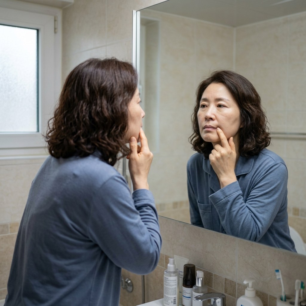 거울을 보며 입꼬리와 얼굴 대칭을 확인하는 사람