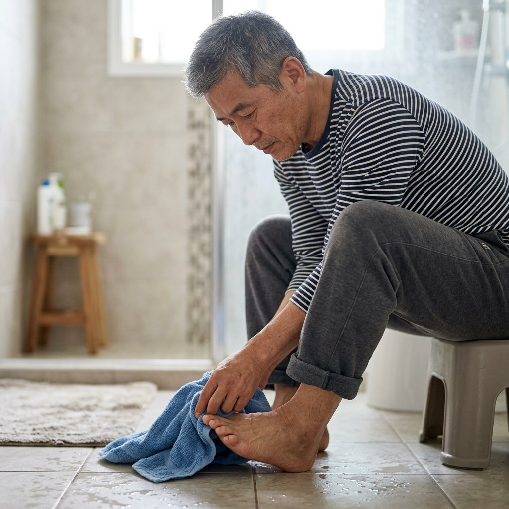샤워 후 수건으로 발가락 사이를 하나씩 꼼꼼히 말리는 중장년 성인의 발과 손