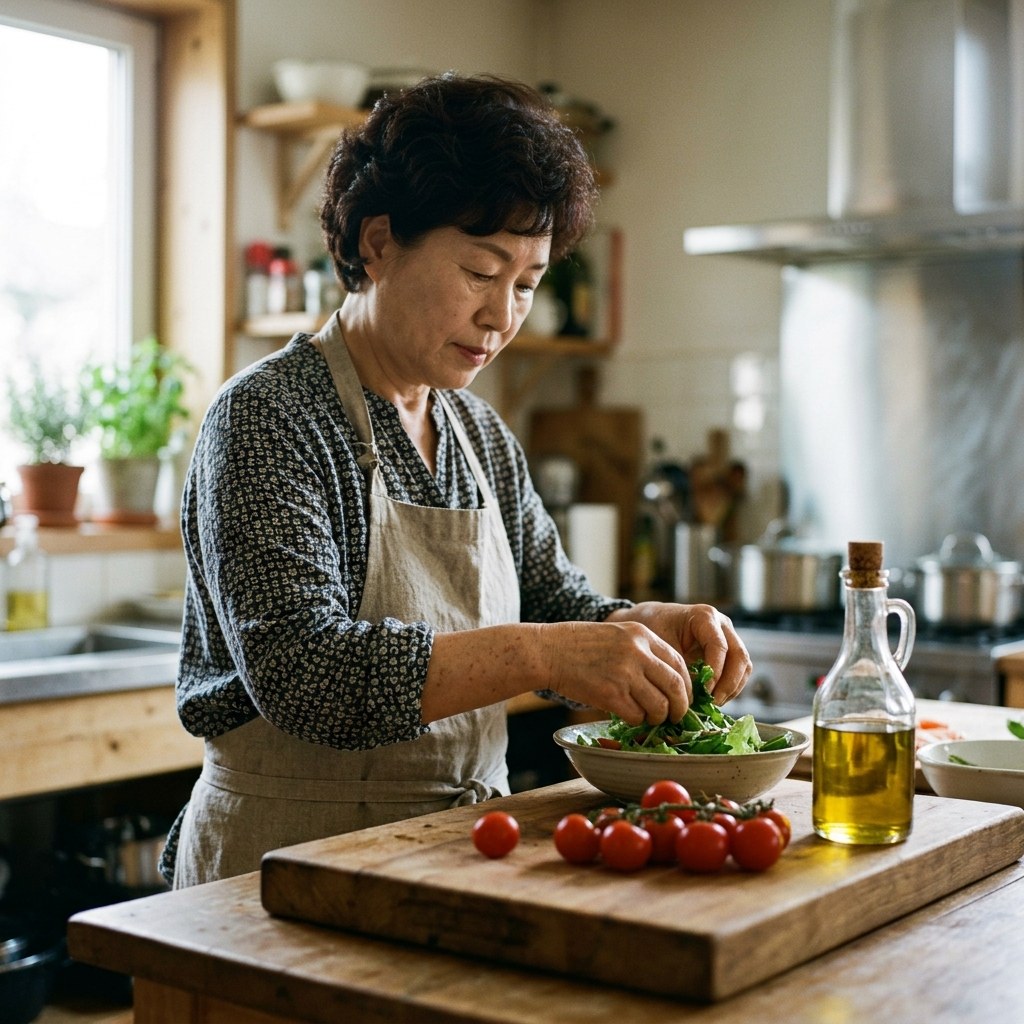 나무 도마 위에 빨간 방울토마토 여러 개와 투명한 유리병에 담긴 올리브오일이 놓여 있고, 주방 배경에서 중장년 여성이 샐러드를 준비하는 모습